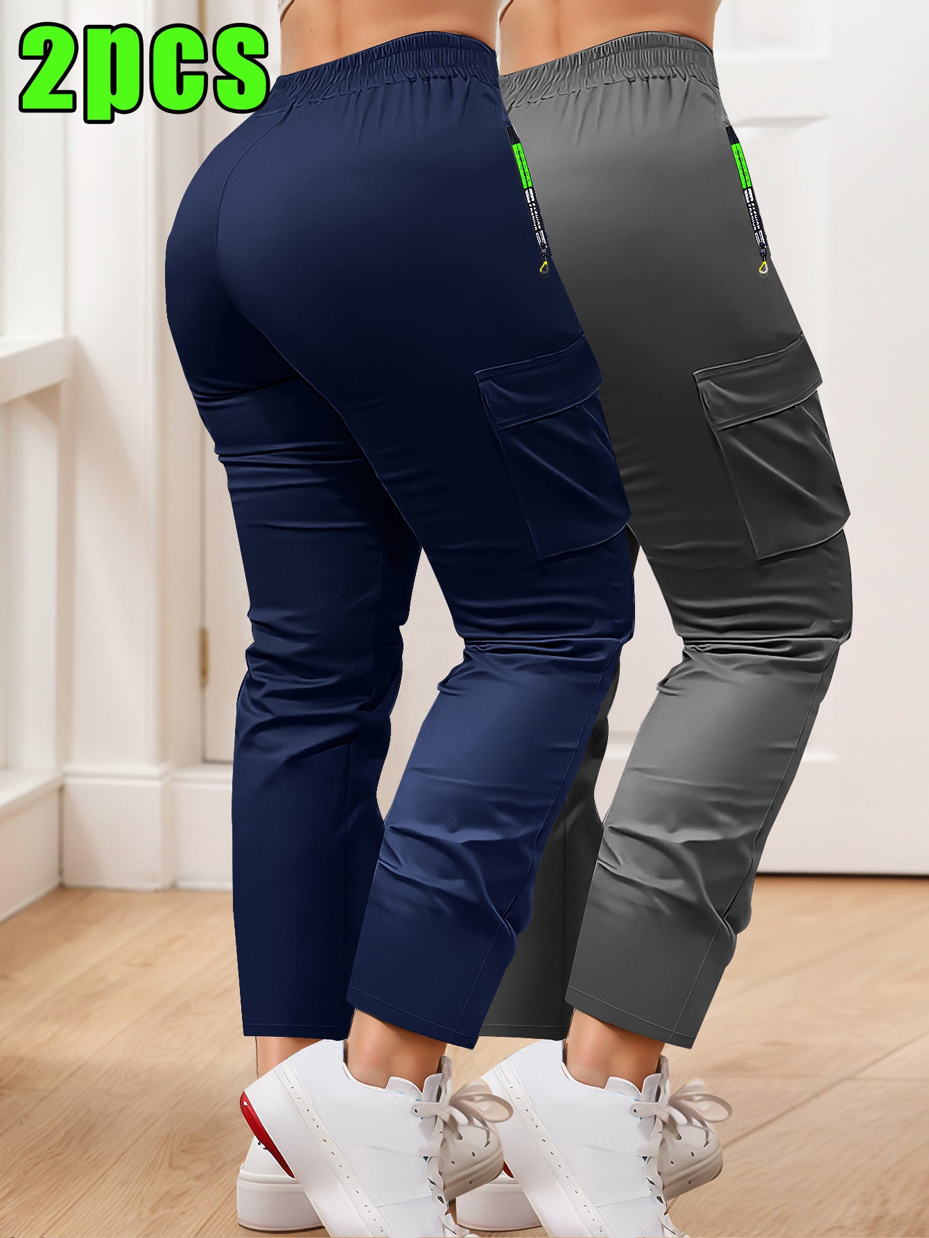 2-pack of Women'S Multi-pocket Slim Cargo Pants, Drawstring Zip Pocket Design, Straight Leg Casual Trousers, Suitable for Outdoor Sports, Everyday Wear, and Dates.