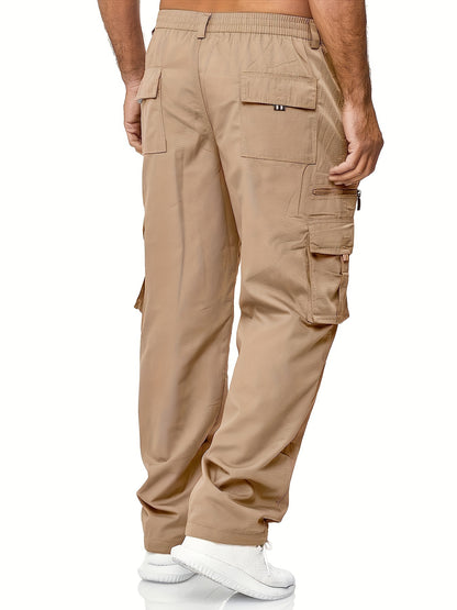 3pcs Men'S Casual Solid Color Cargo Pants, Polyester Non-Stretch Woven Fabric, Multiple Pockets, Regular Fit, Spring/Fall Season, Hiking & Outdoor Scene, Weekend Casual Occasion, Thick