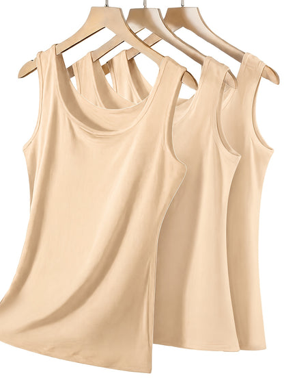 [Plus Size Tank Tops] 3pcs Women's Plus Size Solid Color Tank Tops - Breathable Stretch Fabric Base Layer Shirts, Opaque Non-Sheer Blouses Suitable for Casual, Home Wear & Layering, Year-Round Layering (Hand Washable, No Transparency)