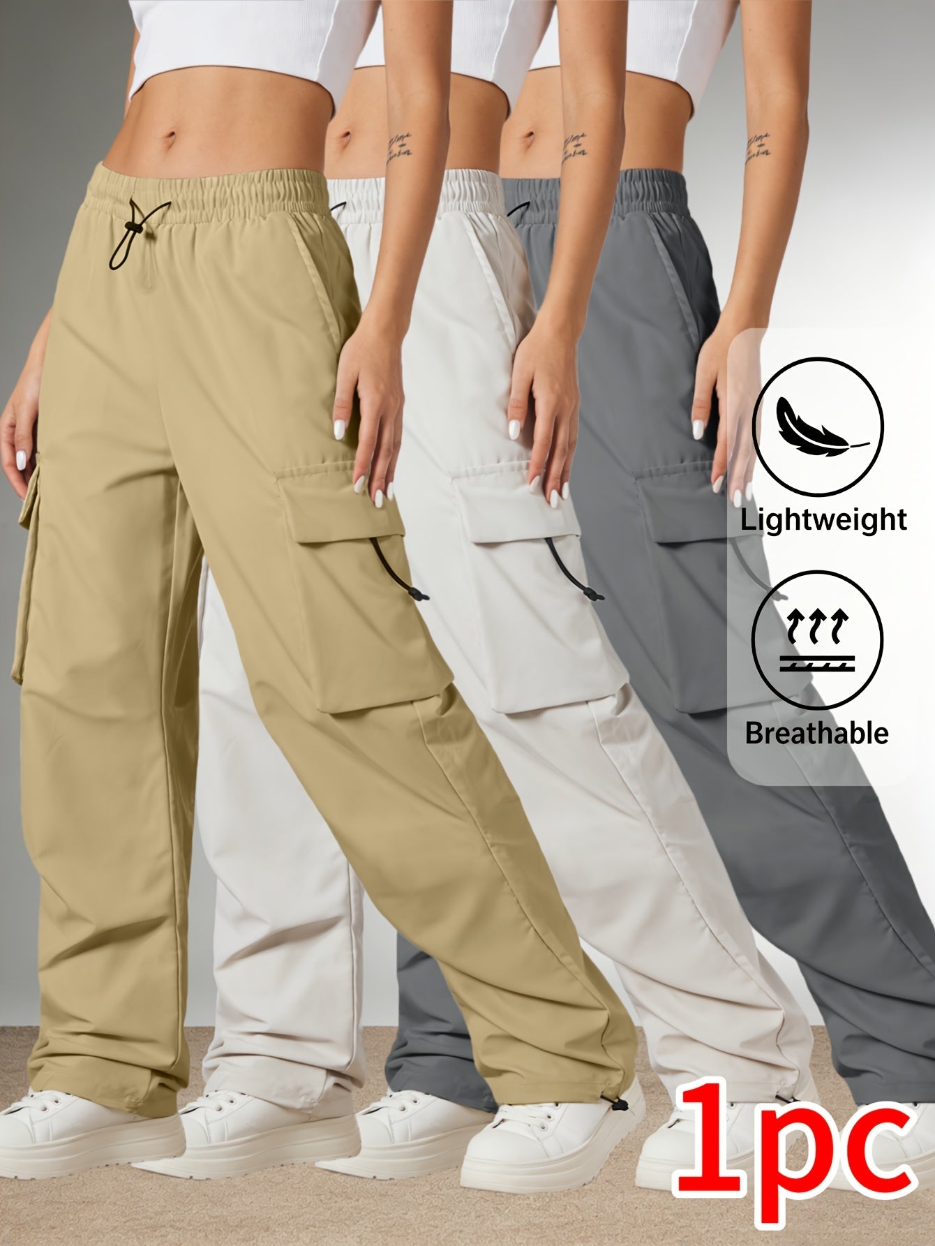 Women'S Casual Cargo Pants, Elastic High Waist Drawstring Loose Wide Leg Trousers, Multi-Pocket Utility Pants, Lightweight Quick Dry, Streetwear Y2K Style, Hiking Outdoor Jogger Pants for Daily/Travel/Workout, Black/Gray/Khaki