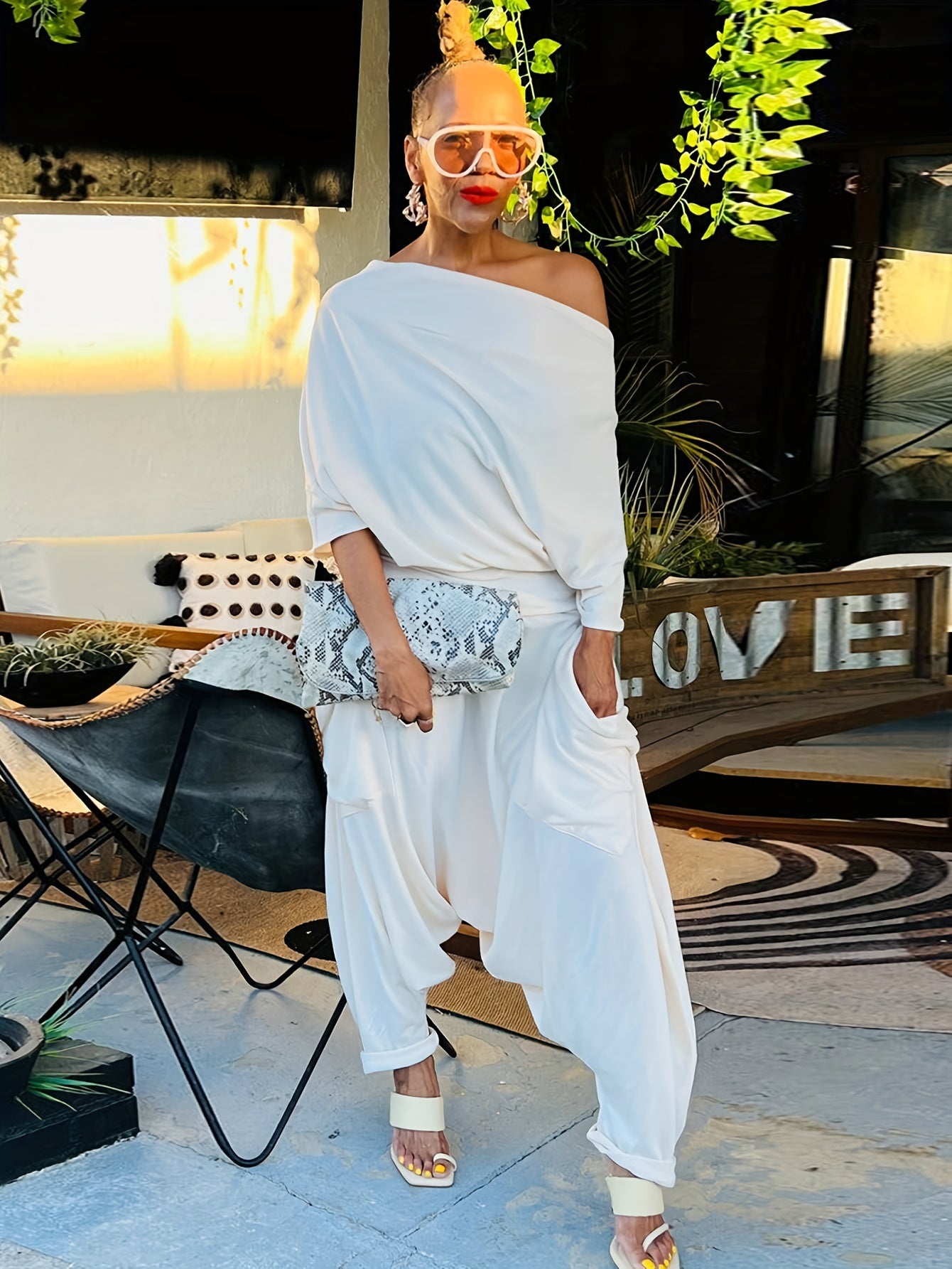[Elegant Style] Women's Off the Shoulder Haren Jumpsuit, Polyester Knit Fabric, Solid Color, Casual Streetwear Style, with Pockets for Spring/Summer/Fall, Fall Clothing|Hiphop Style Outfit|Comfortable Wear