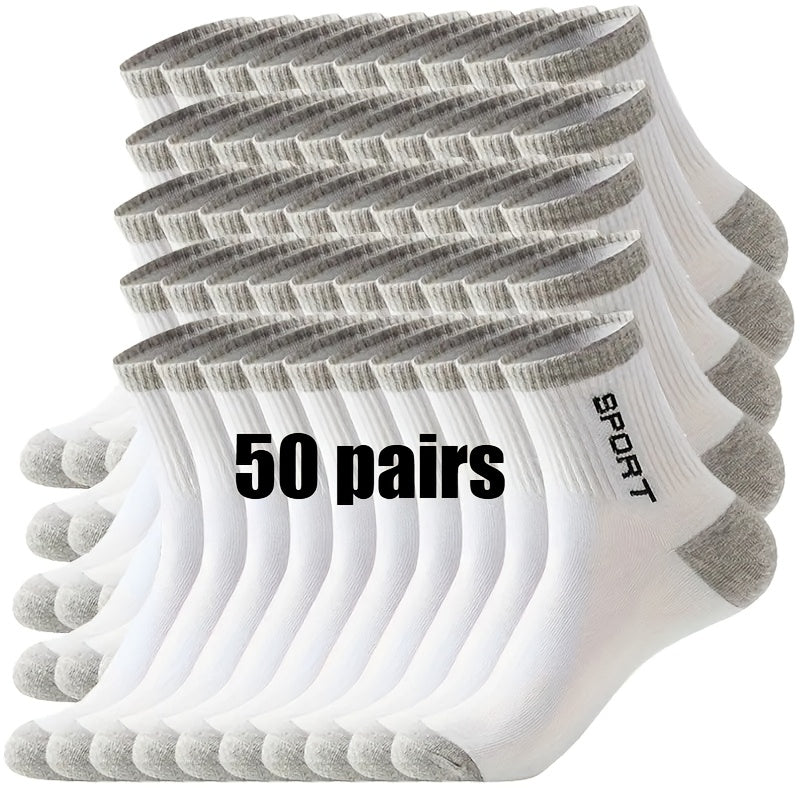 50 Pairs Of Socks, Men'S And Women'S Mid Length Socks, Breathable And Sweat Absorbing, Trendy Sports Long Socks