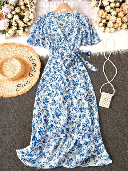 [Elegant Floral Dress] Floral Print Surplice Neck Dress, Elegant Short Sleeve Tie Waist Ruffle Hem Dress, Women's Clothing