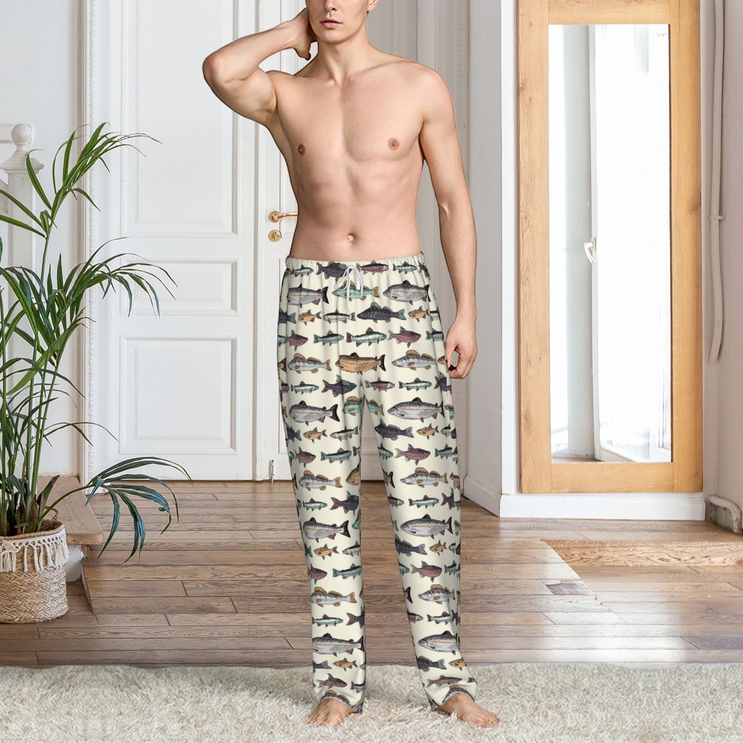 Different Species of Fish Pattern Mens Fleece Pajama Pants, Warm Lounge Pj Bottoms for Men with Pockets Soft