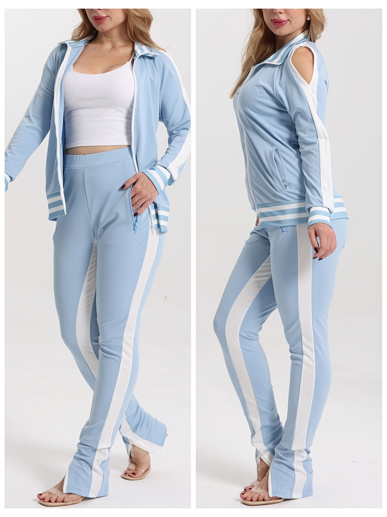 Women's 2pcs Athletic Tracksuit Set, Striped Contrast Shoulder Slit Top & Zipper Hem Sporty Pants, Activewear Lounge Set