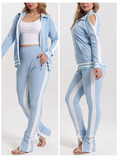 Women's 2pcs Athletic Tracksuit Set, Striped Contrast Shoulder Slit Top & Zipper Hem Sporty Pants, Activewear Lounge Set