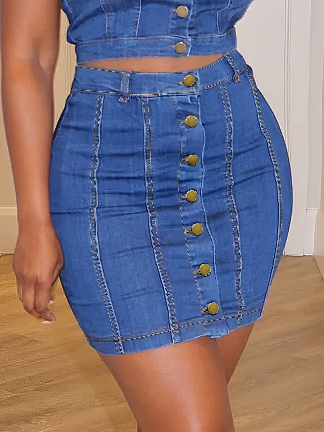 High-waisted Straight Blue Denim Shorts Women Medium Elastic Slim Thin Multi-pocket Design Casual Style Can Be Slit Half Skirt Fashionable Versatile Row Of Buttons Closure