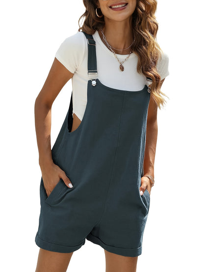 Women'S Linen Stylish Short Overalls Casual Summer Bib Shortalls With Pockets
