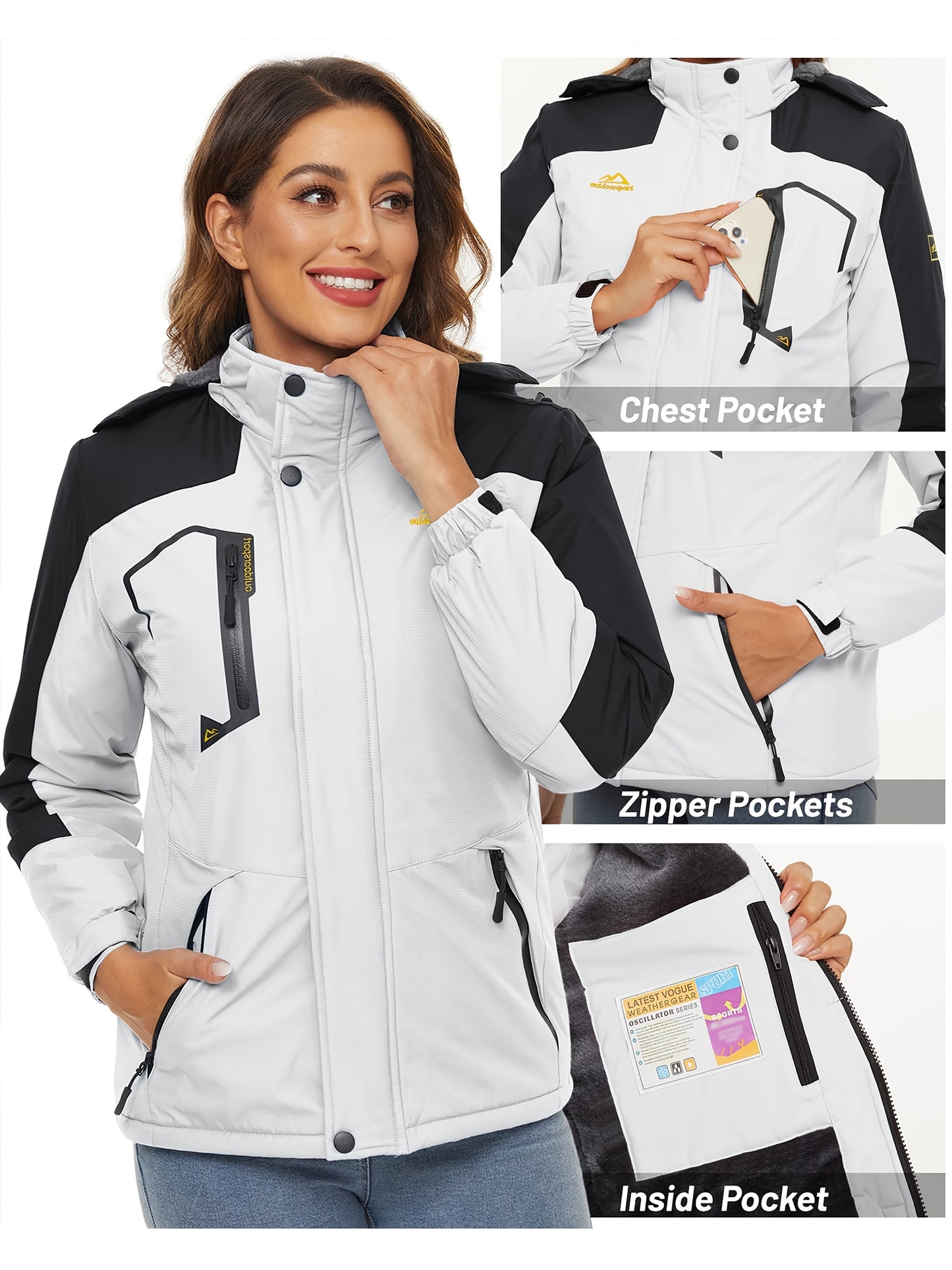 Women'S Warm Ski Jackets Winter Windproof Thermal Fleece Lined Coats Outdoor Detachable Hooded Heavy Weight Thick Jacket Camping Climbing Traveling Snowboard Windbreaker