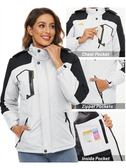Women'S Warm Ski Jackets Winter Windproof Thermal Fleece Lined Coats Outdoor Detachable Hooded Heavy Weight Thick Jacket Camping Climbing Traveling Snowboard Windbreaker