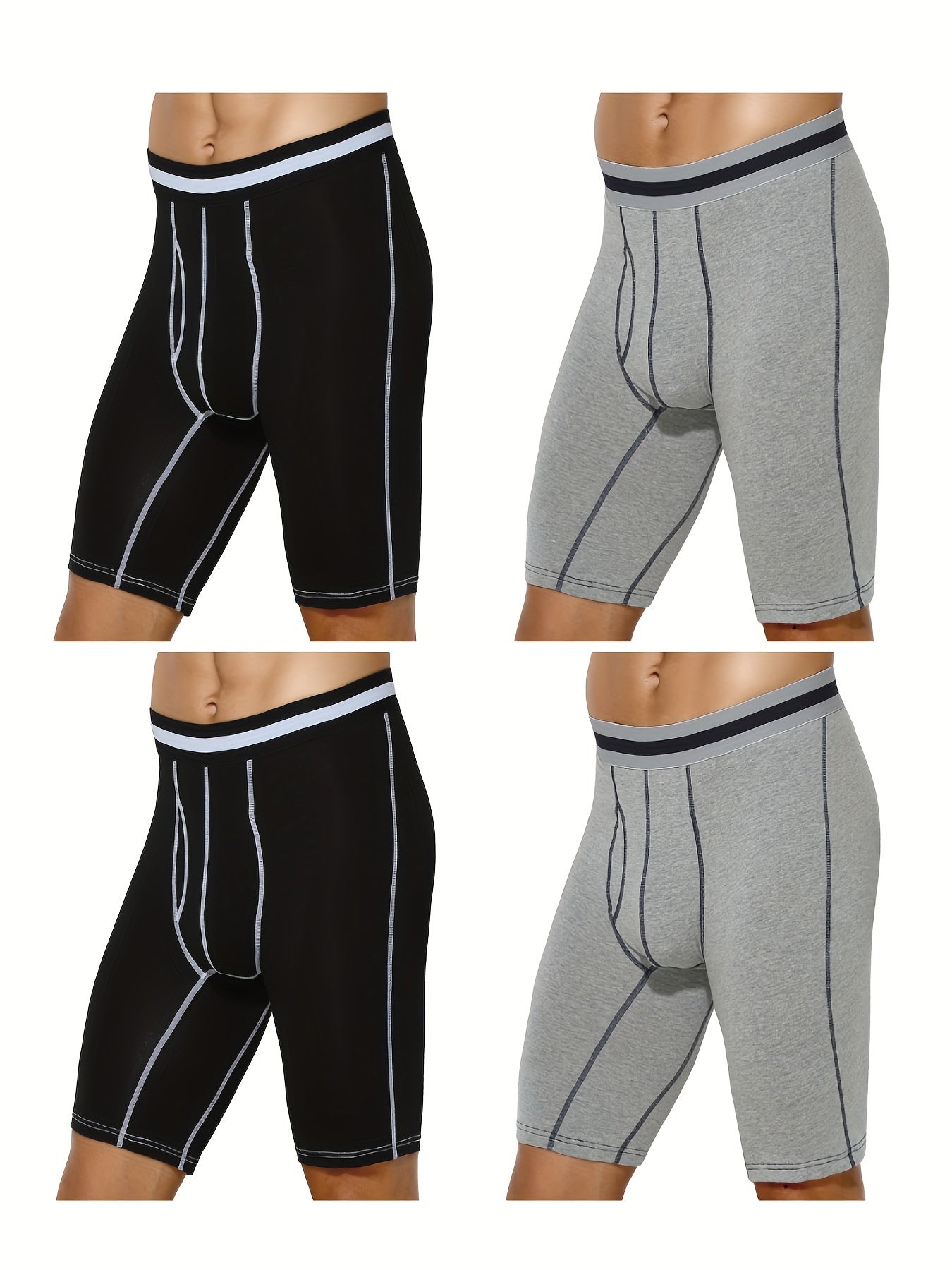 4pcs Men's Long Leg Cotton Underwear Total Support Pouch Boxer Briefs with Open Fly Pouch, Men's Cycling Sports Wear Bottoms, Moisture Wicking & Breathable Slimming Shapewear Body Shape for Men