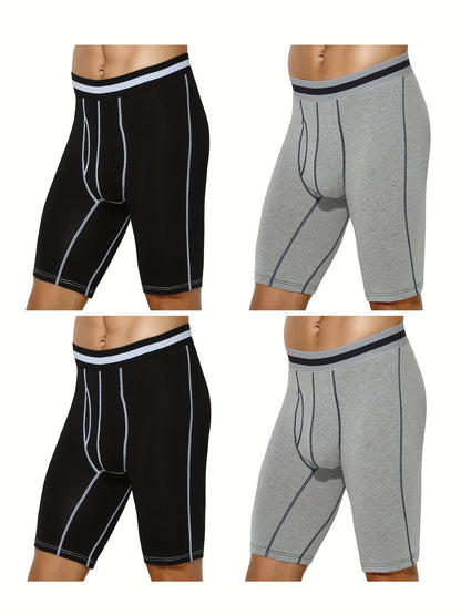 4pcs Men's Long Leg Cotton Underwear Total Support Pouch Boxer Briefs with Open Fly Pouch, Men's Cycling Sports Wear Bottoms, Moisture Wicking & Breathable Slimming Shapewear Body Shape for Men