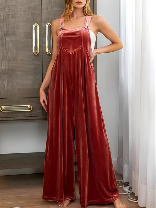 Four Seasons  Solid Velvet Overalls, Glossy Fabric Adjustable Buckle Wide Leg Pants Jumpsuit