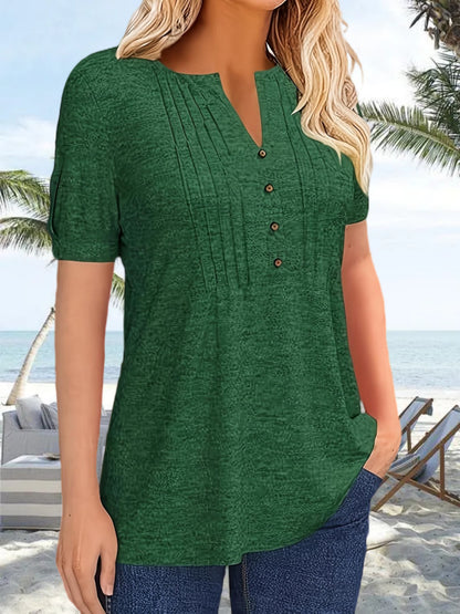 Women's Hot-selling Summer Casual V-Neck Pleated Blouse Short Sleeve Button-Up Solid Color Top