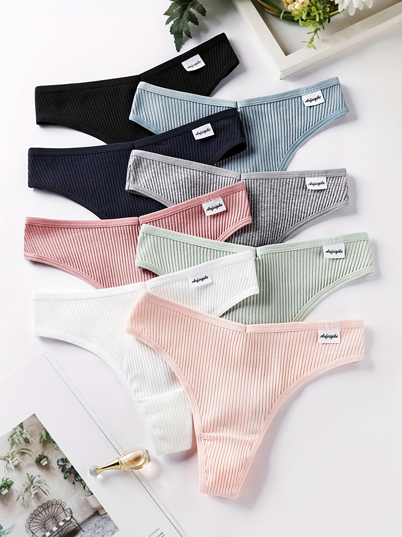 8pcs Solid Ribbed Label Patched Thongs, Sexy Comfy Breathable Stretchy Intimates Panties, Women'S Lingerie & Underwear