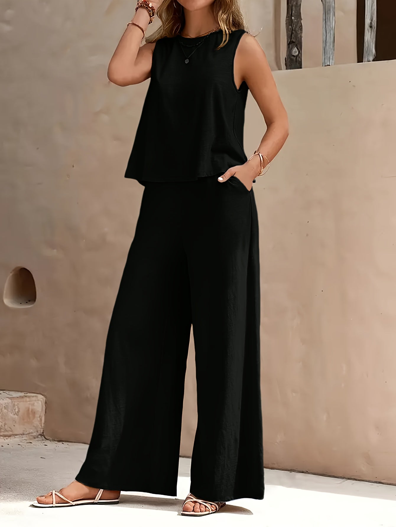 Popular! Women's Sleeveless Crop Top And Wide-Leg Pants Set, Breathable Fabric, Versatile for Vacation And Daily Outfit, Casual Summer Outfit