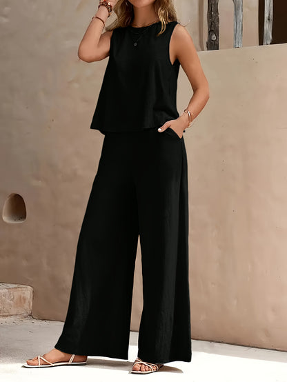 Popular! Women's Sleeveless Crop Top And Wide-Leg Pants Set, Breathable Fabric, Versatile for Vacation And Daily Outfit, Casual Summer Outfit