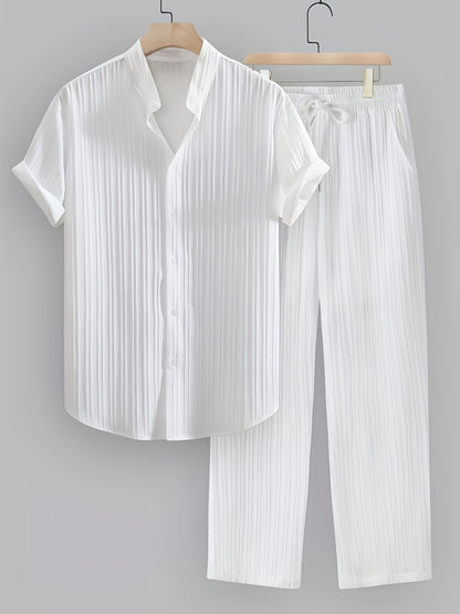 Men's Casual Breathable And Comfortable Short-sleeved Shirt with Multi-color Beach Outfit, Elastic Waist with Pockets, 2pcs Set for Holiday Essentials