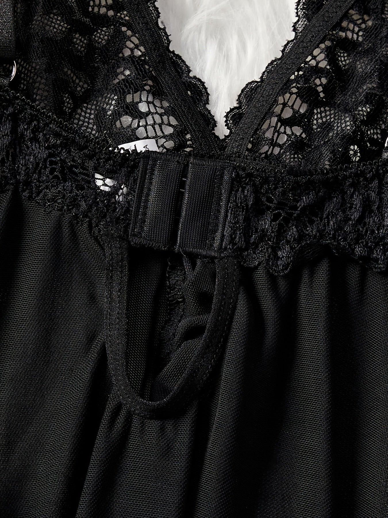 Big Size Sultry Valentine Lace Sleepwear Dress Set - Exquisite Lace, Flattering V-Neckline, Daring Backless Design, Delicate Ruffle Trim, Trendy Split Hem, Seductive Thong Detail, Ultra-Comfortable Fabric, Perfect for Romantic Night, Anniversary Gift