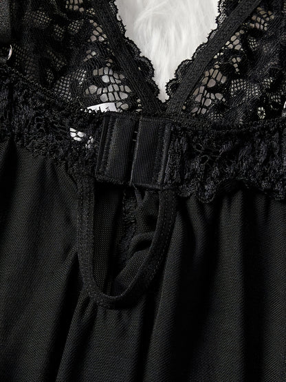 Big Size Sultry Valentine Lace Sleepwear Dress Set - Exquisite Lace, Flattering V-Neckline, Daring Backless Design, Delicate Ruffle Trim, Trendy Split Hem, Seductive Thong Detail, Ultra-Comfortable Fabric, Perfect for Romantic Night, Anniversary Gift