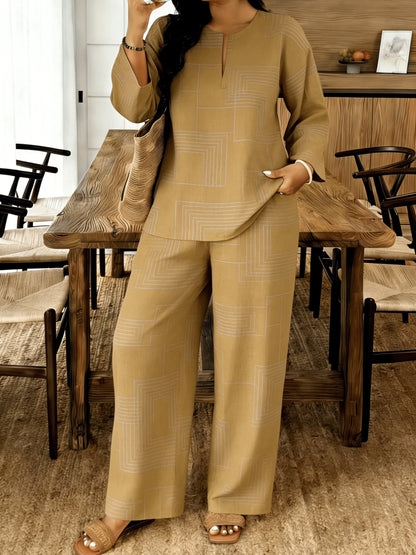 2pcs New European And American Casual Suit, Loose Fit for Daily Wear, Small V-Neck Top Paired with Casual Pants, Women's Outfit