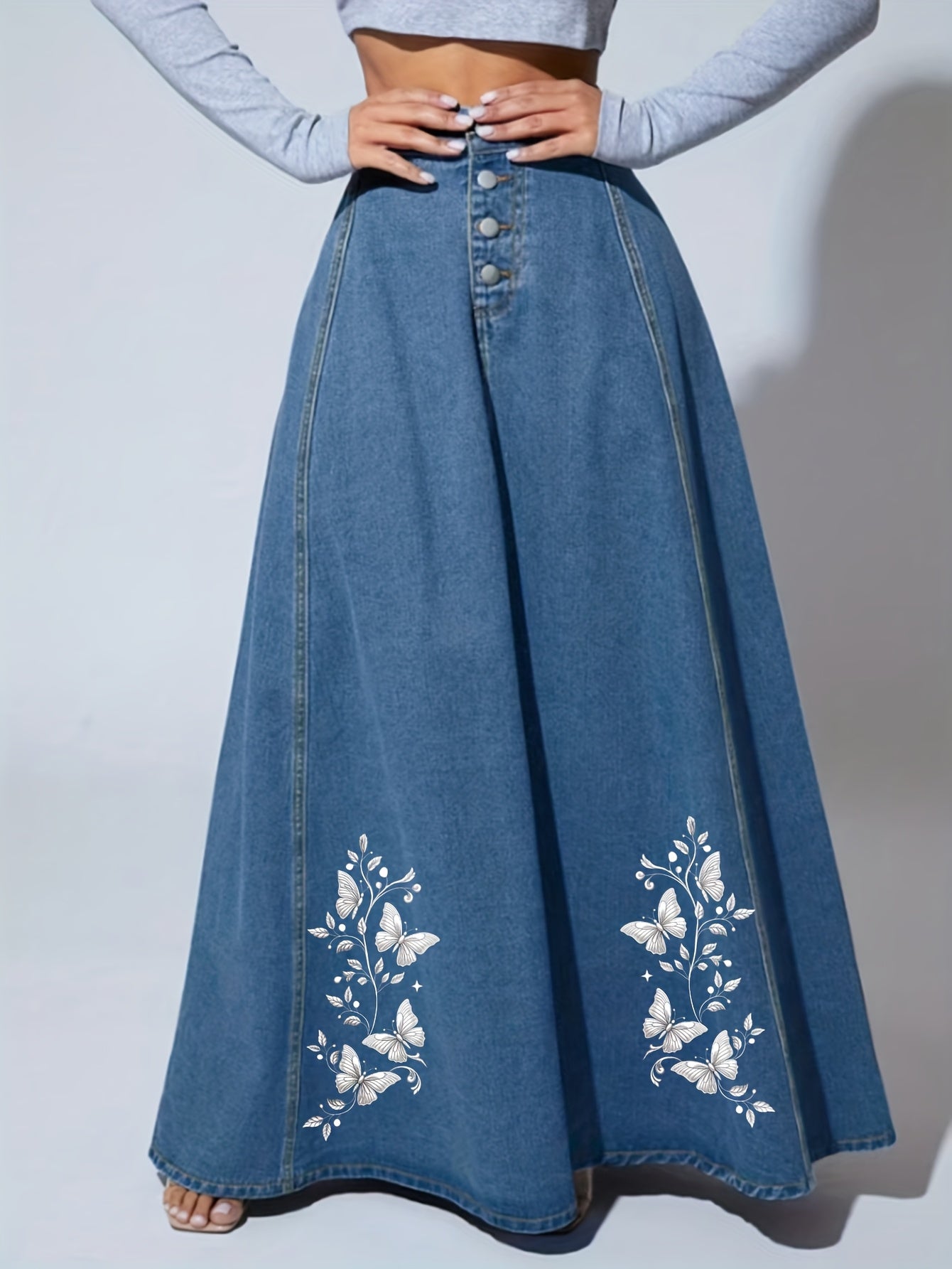 Women's Light Blue Denim Floral Skirt - product view 11