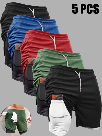 5pcs High Stretch Sports Shorts 5pcs Men'S 2-in-1 Double Layer Shorts With Inner Pocket, High Stretch Sports Shorts For Summer Gym Workout Training