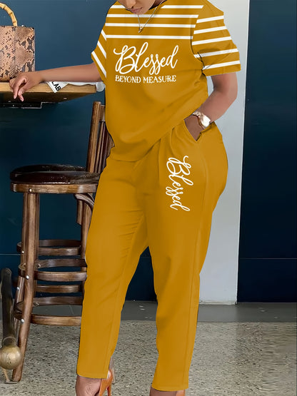 Plus Size, Ladies Plus Size 2pcs Suit, Letter Printing with Blessing, Pinstripe Coat, Trousers with Pockets, Ladies' Daily Casual Fashion Suit.
