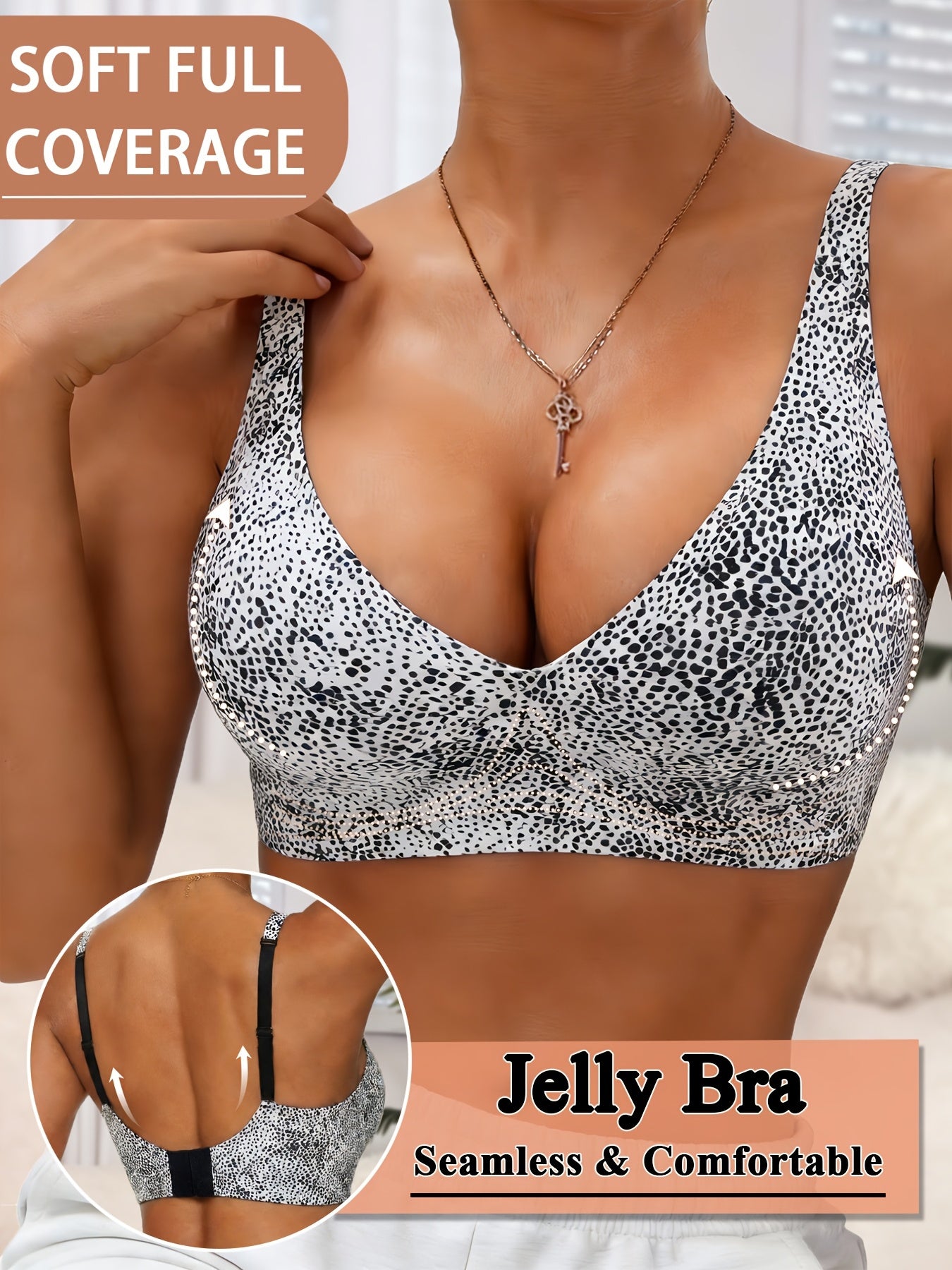Women's Seamless Jelly Gel Sexy Leopard Print V-Neck Bra- No Underwire, Non-removable Pads, Adjustable Straps, Invisible Clasp, Breathable and Comfortable, Women's Push-up Bra, Women's Leopard Print Bra