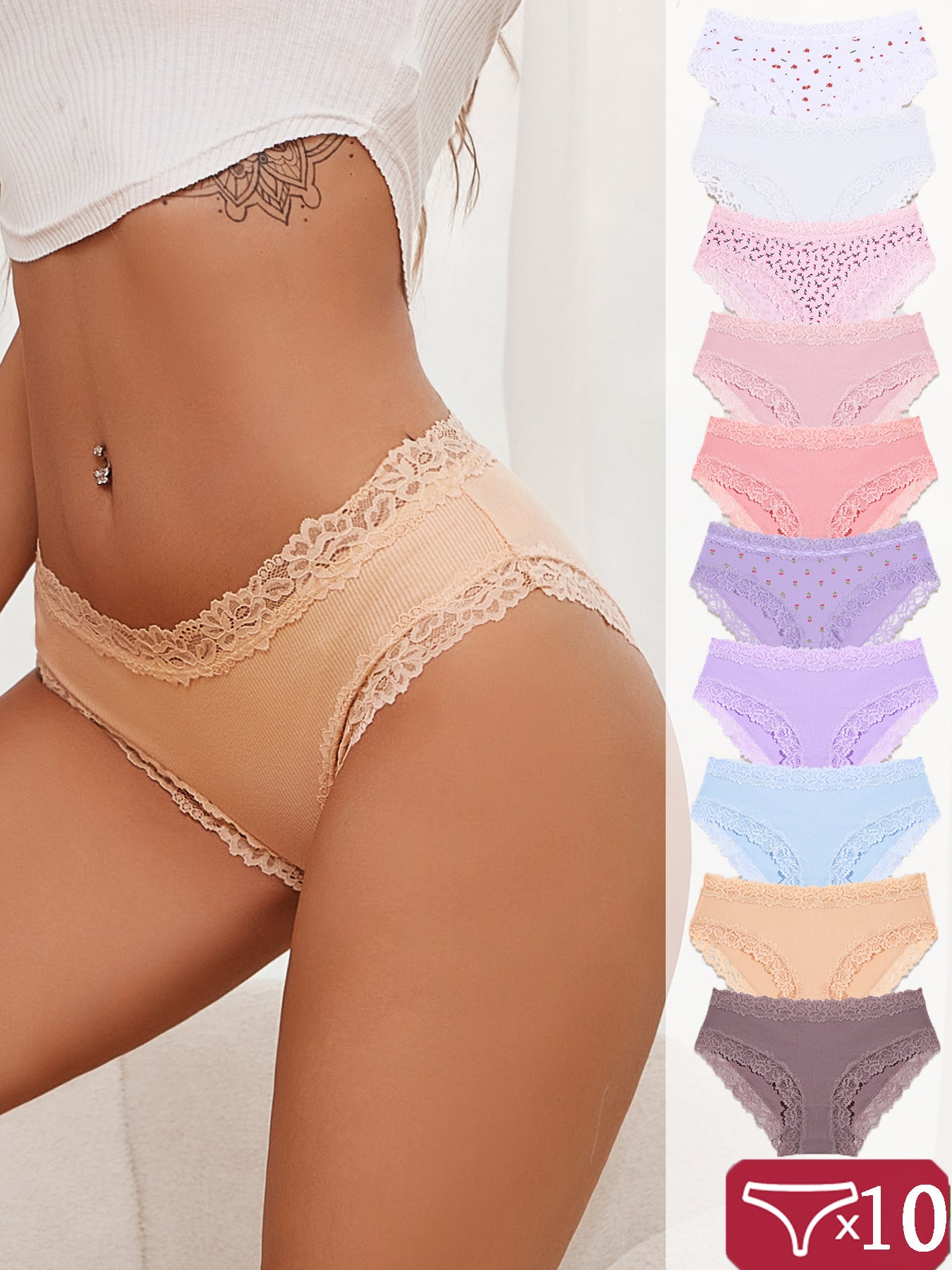 Set of 10 Women'S Briefs, Comfortable And Breathable Lingerie with Sexy Lace, Mid-Rise Underwear