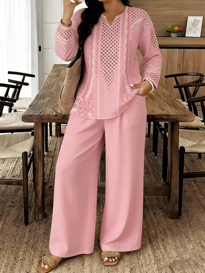 2pcs Set Of Women's Standard Size Long Sleeved Pants, Set, Spring And Summer New V-neck Long Sleeved Shirt Printed Pants Set, Digital Printed Non Hollow Top Machine Washable, Elegant And Comfortable, Suitable for Commuting And Dating