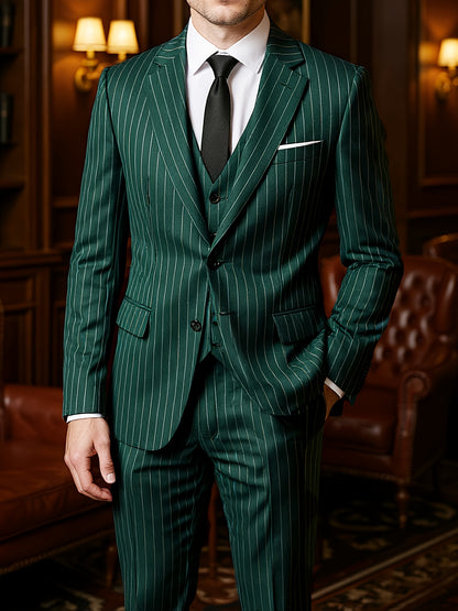 [New Men's 3pcs Suits] 3pcs New Men's Suits - Vertical Striped Suit Jackets, Vests, Pants - Two-button, Suitable for Weddings, Business Banquets, Parties, Daily Wear Valentines Gifts for Men