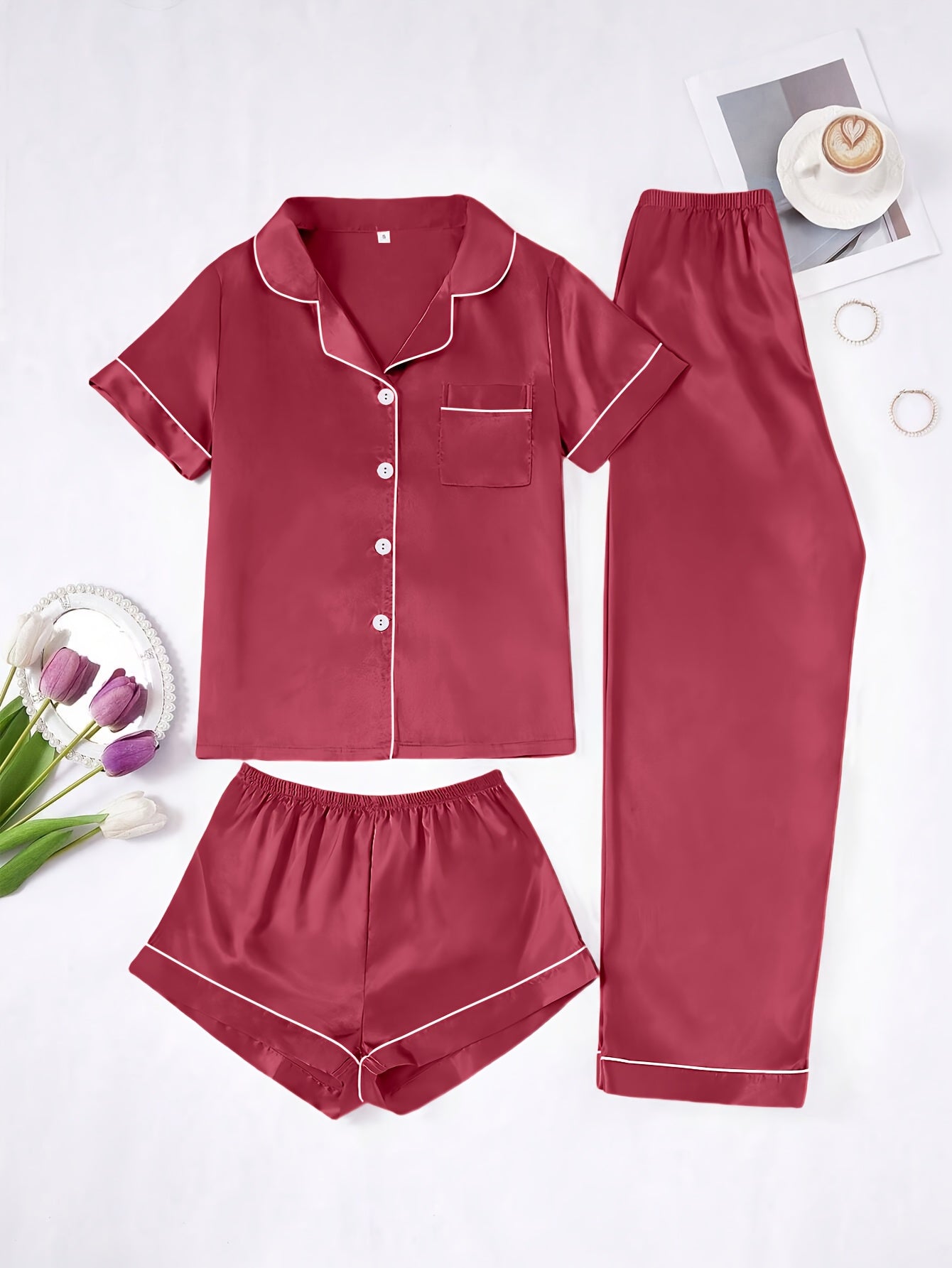 Solid Color Women'S Simple And Comfortable 3pcs Pajama Set, Includes 3pcss: Collared Short-Sleeve Top & Elastic Waist Shorts & Elastic Waist Long Pants Women'S Pajama Set