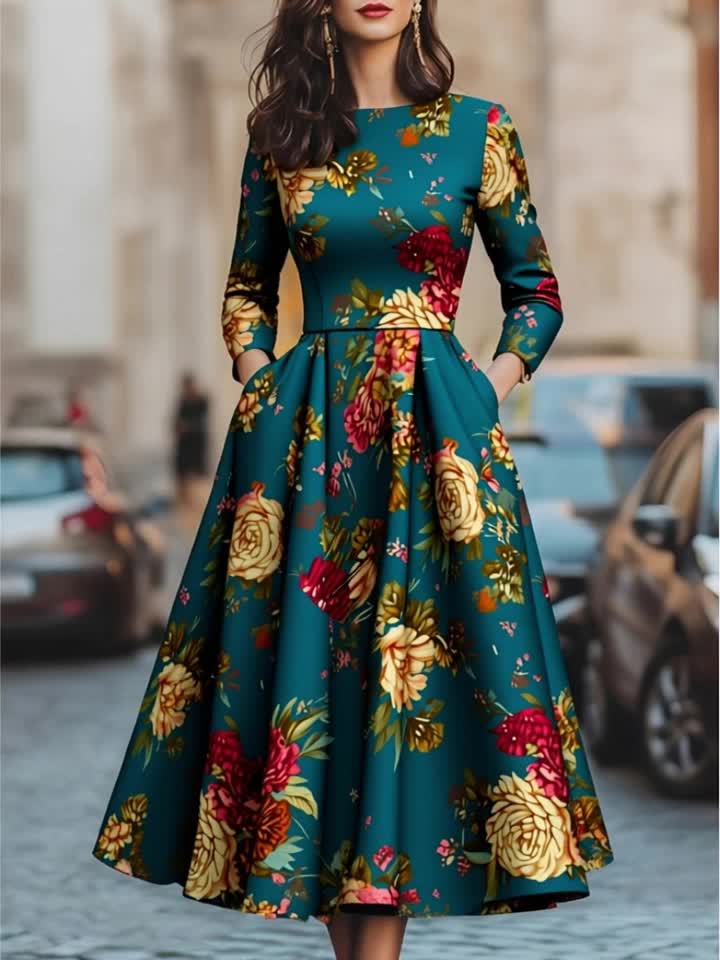 Women' Dark Green Floral Midi Dress with Fitted Bodice & Flowy - Waist-Tie, Crew Neck Retro Dress for Fall/Winter, Date Night, Wedding Guest, - Hand Washable Non-Stretch Dress for these occasions