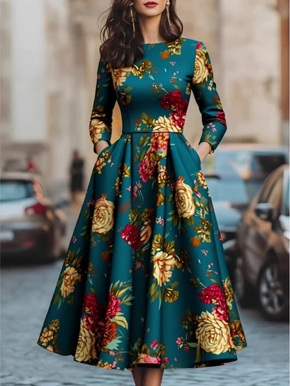 Women' Dark Green Floral Midi Dress with Fitted Bodice & Flowy - Waist-Tie, Crew Neck Retro Dress for Fall/Winter, Date Night, Wedding Guest, - Hand Washable Non-Stretch Dress for these occasions