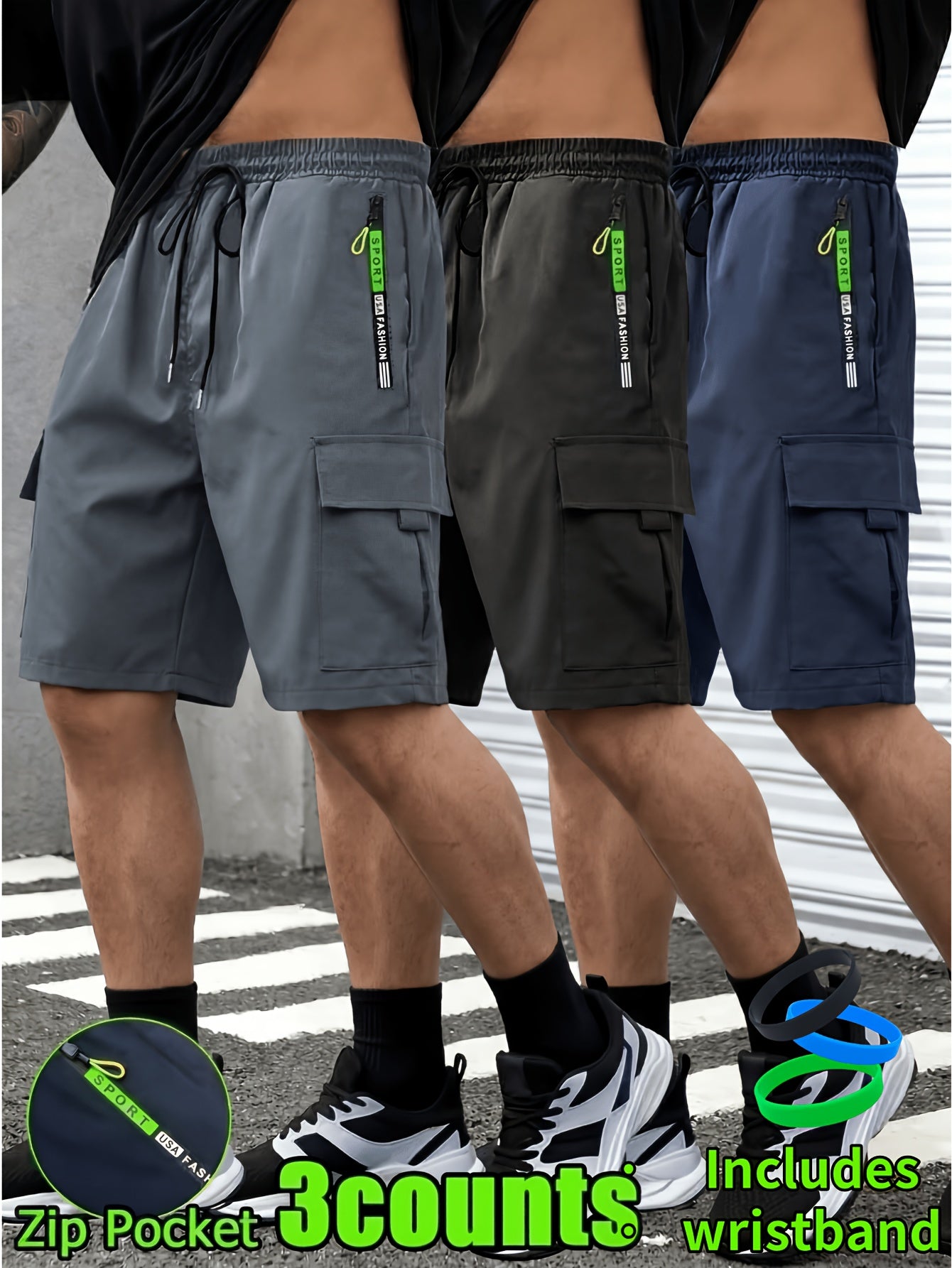 Set of 3 Men'S Relaxed Shorts, Sporty Casual Shorts - Black, (Comes with Wristband), Adjustable Waistband (Available in Black, Gray, Blue) - Ideal for Outdoor Activities & Travel