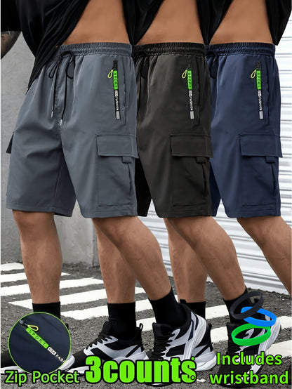 Set of 3 Men'S Relaxed Shorts, Sporty Casual Shorts - Black, (Comes with Wristband), Adjustable Waistband (Available in Black, Gray, Blue) - Ideal for Outdoor Activities & Travel