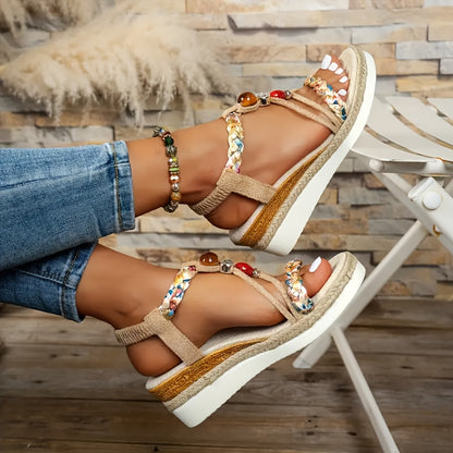 Women's Boho Braided Beaded Wedge Sandals, Local Warehouse 3-Day Delivery, Perfect for Beach Vacations & Home Leisure, Women Shoes