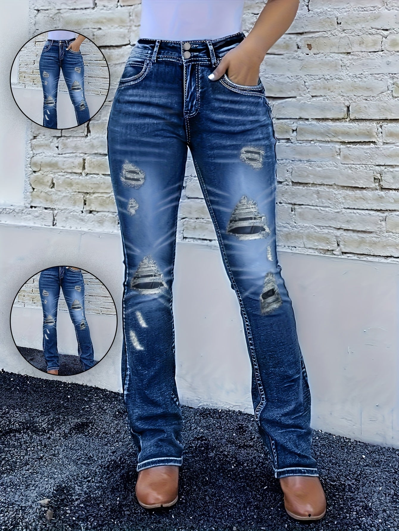 Women'S Retro Style Fashionable And Versatile Women'S Retro Elastic Comfortable Denim Micro Flared Pants, Comfortable in All Seasons, Halloween Costume, Hemp, Mid Waist, Essential for Daily Travel And Leisure