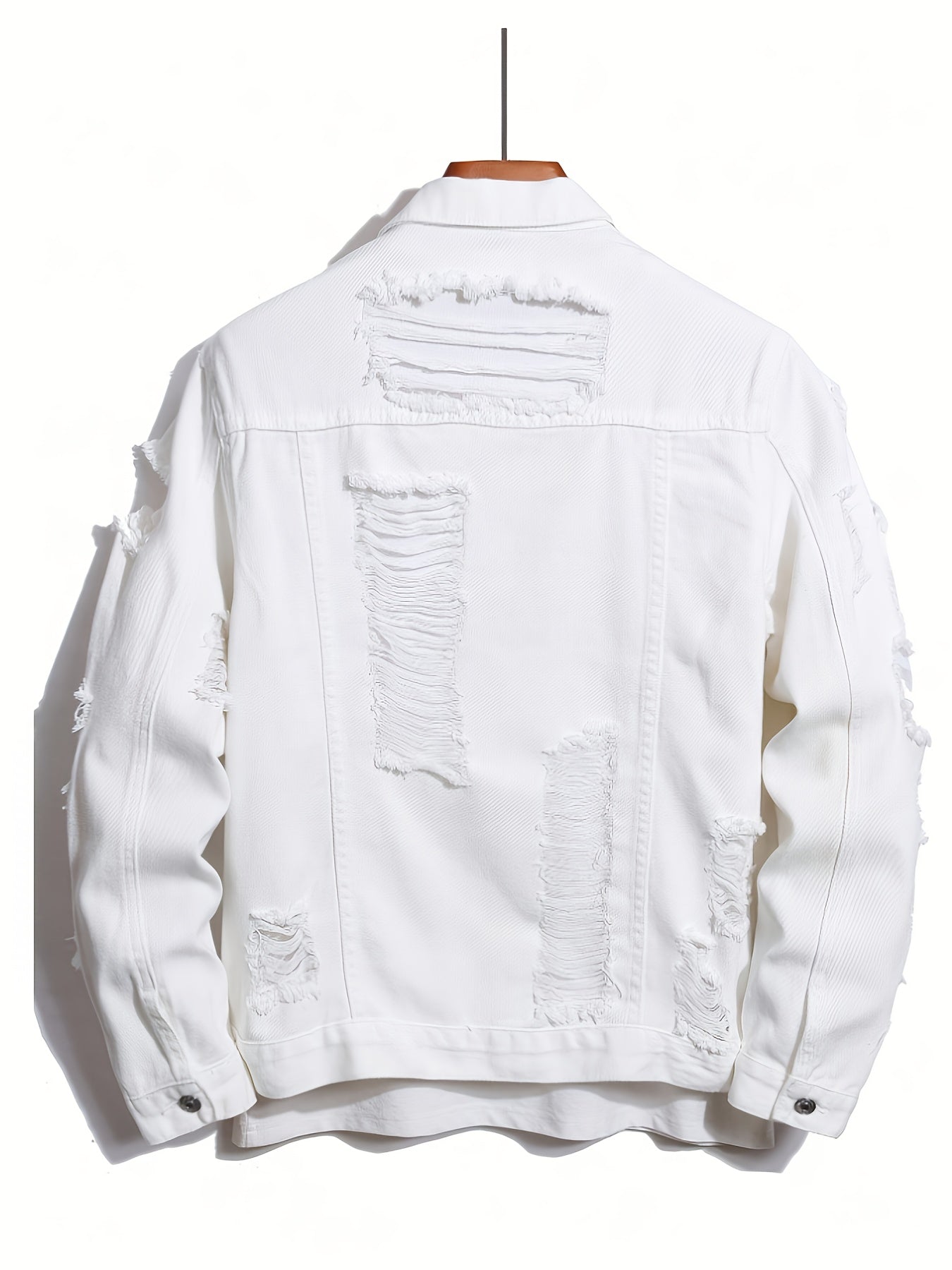 A Straightforward And Stylish Denim Jacket for Men, Featuring a Clean White Minimalist Design, Robust Washed Irregular Perforations, a Relaxed Fit for Added Comfort, a Single-Row Button Closure with an Open Front, And a Trendy, Cool Aesthetic
