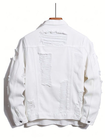 A Straightforward And Stylish Denim Jacket for Men, Featuring a Clean White Minimalist Design, Robust Washed Irregular Perforations, a Relaxed Fit for Added Comfort, a Single-Row Button Closure with an Open Front, And a Trendy, Cool Aesthetic