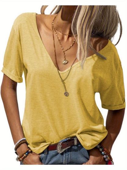 Casual Loose Basic T-Shirt for Women with a Deep V-Neck And Short Sleeves