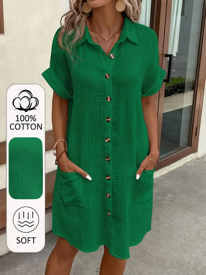 Women's 100% V-Neck Short Sleeve A-Line Dress - Button-Front Blouse Dress, Soft Breathable Casual to Semi-Formal Wear, Machine Washable All-Season Outfit (No) - Pure Shirt Dress