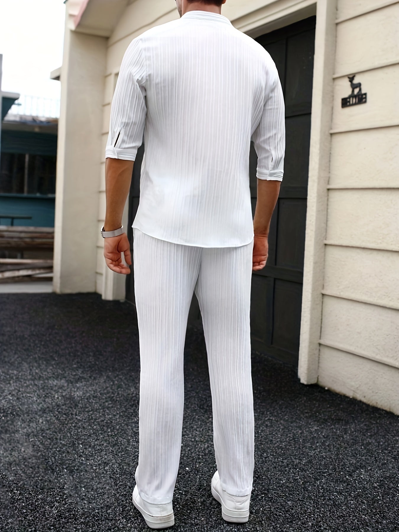 Men's Solid Color Spring/Summer Casual Pure Color Monk-Tie Short Sleeve Shirts And Pants Set