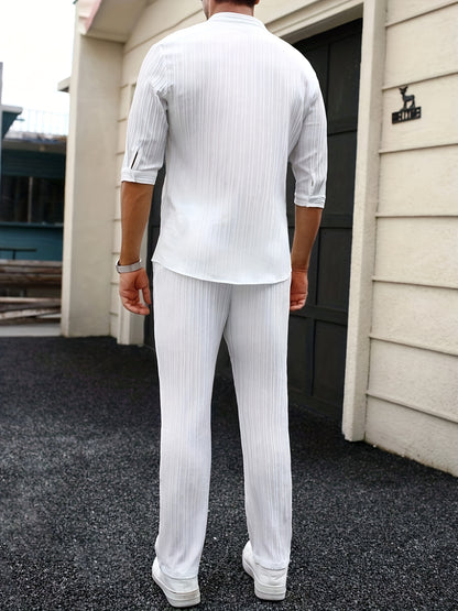 Men's Solid Color Spring/Summer Casual Pure Color Monk-Tie Short Sleeve Shirts And Pants Set