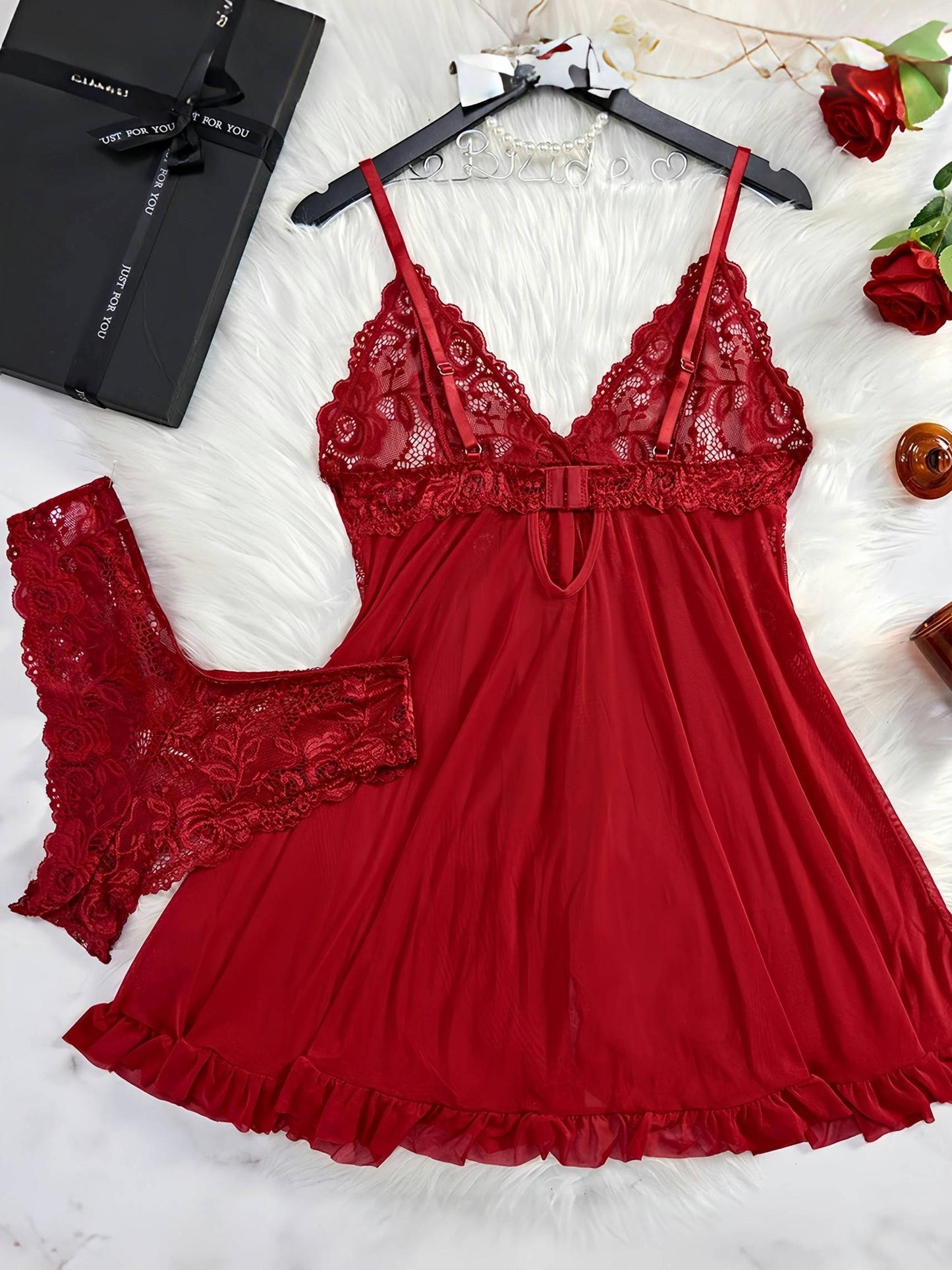 2pcs V-Neck Sexy Hot Contrast Lace Mesh Chemise Babydoll Naughty Lingerie Dress Set Nightwear Nightgown, All-Season Polyester Slip Dress Skimpy Clothes, Soft and Comfortable Sleepwear Intimate Apparel for Women, Christmas Gifts New Year Anniversay Dating