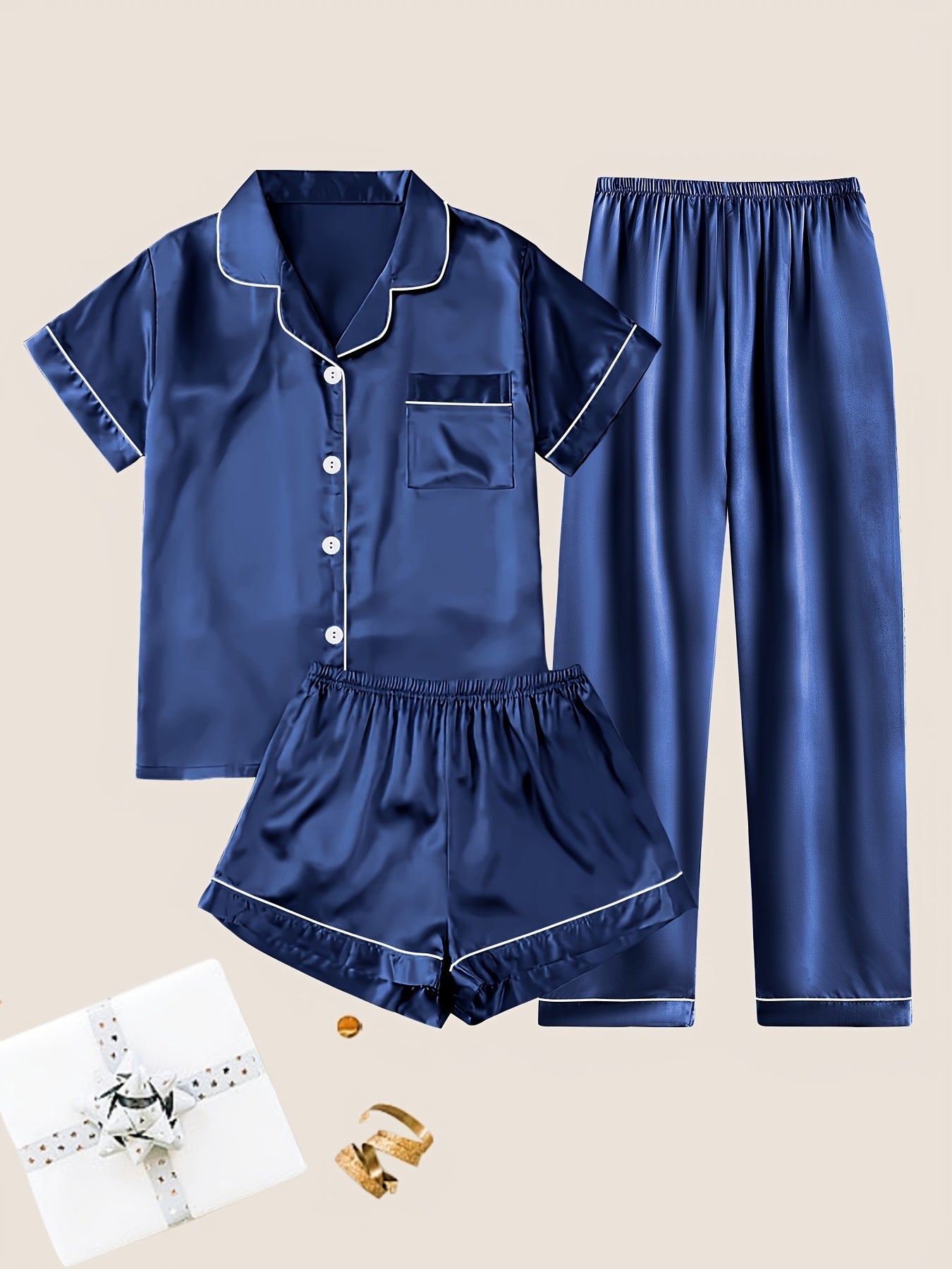 Women'S Solid Satin Casual Pajama Set, Short Sleeve Buttons Lapel Top & Shorts & Pants, Comfortable Relaxed Fit
