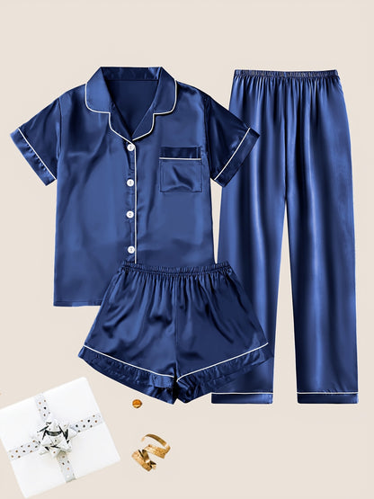 Women'S Solid Satin Casual Pajama Set, Short Sleeve Buttons Lapel Top & Shorts & Pants, Comfortable Relaxed Fit