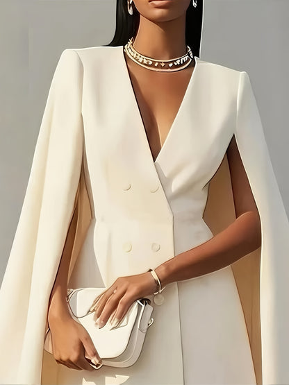[Spring & Summer Party] Women's Elegant Solid Color V Neck Double-Breasted Cape Blazer Dress Spring & Summer Party Banquet Outfit 2pcs Outfits for Women Elegant Classy