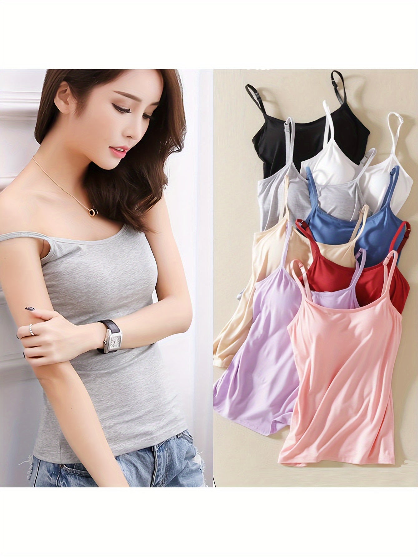 Ladies' Tank Top Featuring an Integrated Bra - Padded Camisole For, Highly Elastic Spaghetti Straps with Adjustable Breathable Straps Available in Sizes S to XL